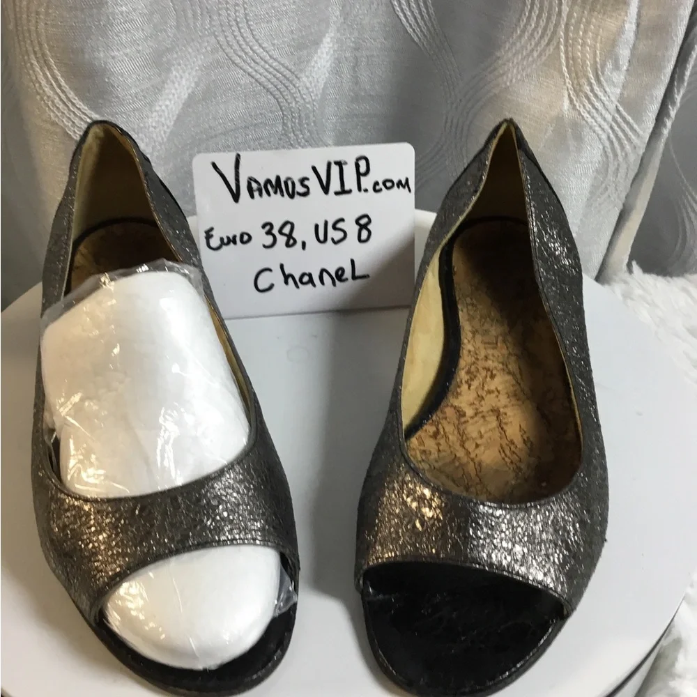 Chanel Women's Metallic Peep-Toe Flats - Silver